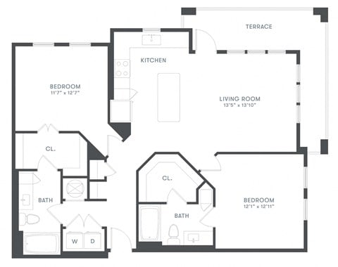 Floor plan for 2 beds, 2 baths, 1130 sqft